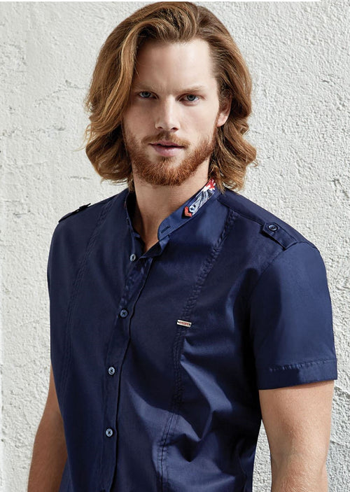 Navy Mandarin Collar Short Sleeve Shirt