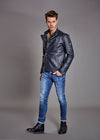 Navy Studded Pu Leather Biker Jacket