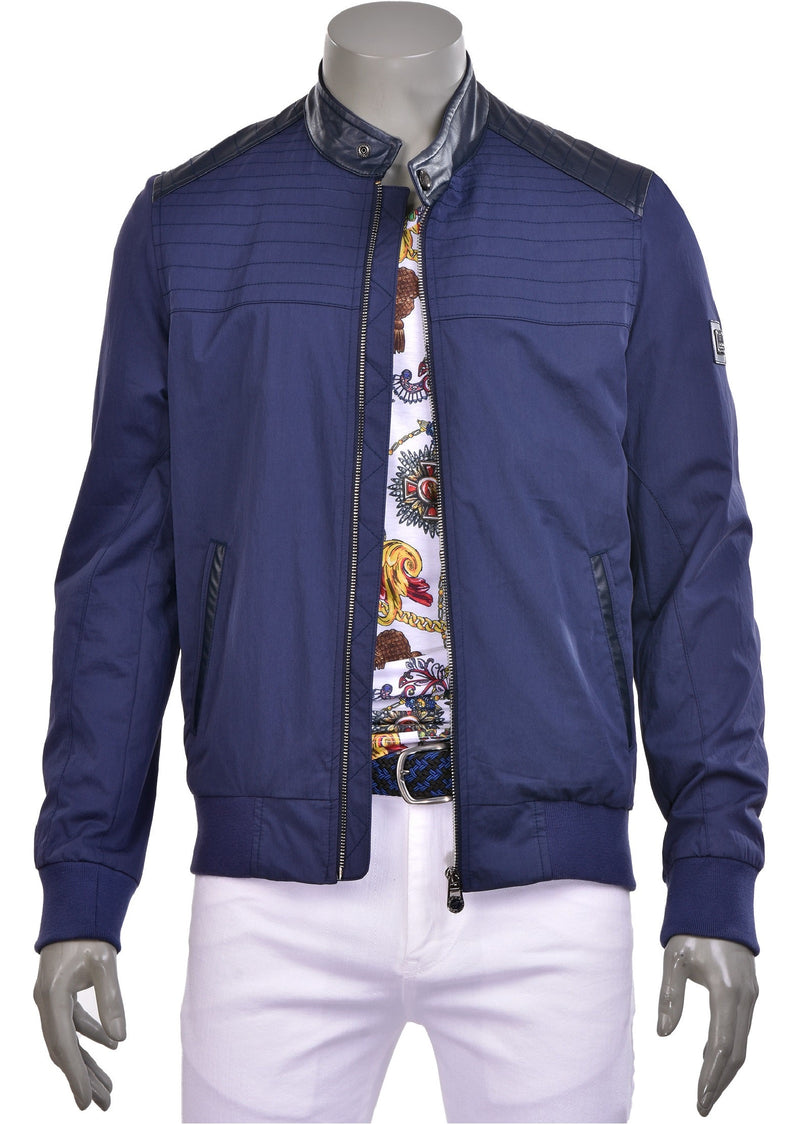 Navy Quilted Leather Trim Jacket