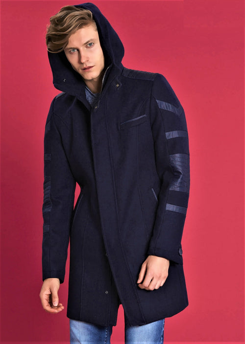 Navy Wool-Cotton Hooded Coat