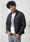 Black Leather Trim Zipper Jacket