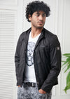 Black Leather Trim Zipper Jacket