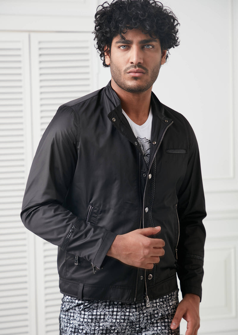 Black Leather Trim Zipper Jacket