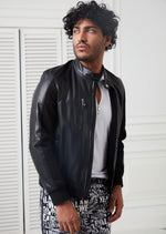 Black Band Collar Pu Leather Jacket