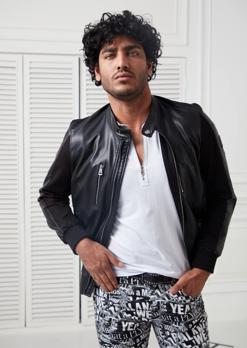Black Band Collar PU Leather Jacket XXL Black