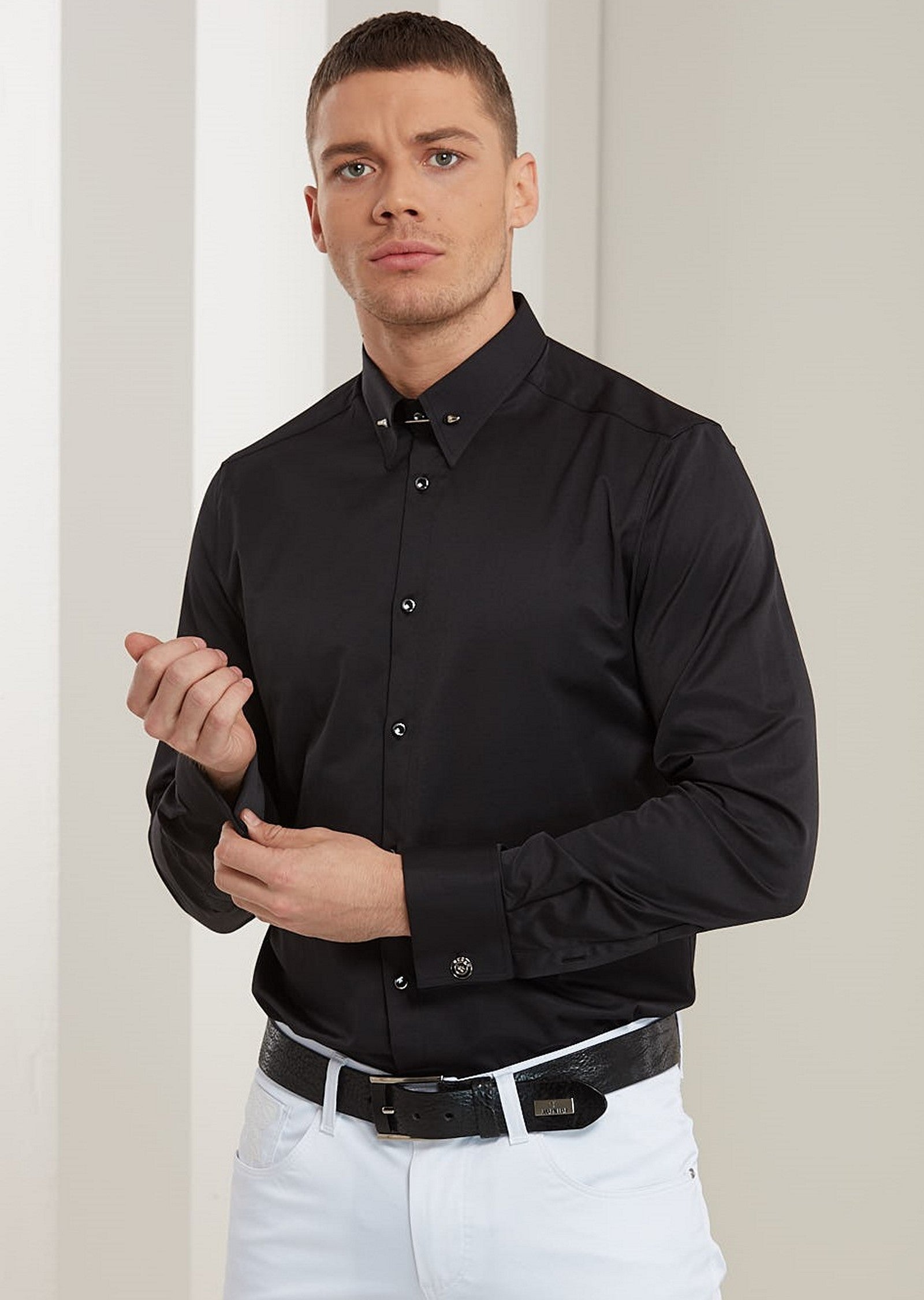Black Frank Metal Pin Collar Shirt 4XL / Black / Cotton Black Frank Metal Pin Collar Shirt 4XL / Black / Cotton