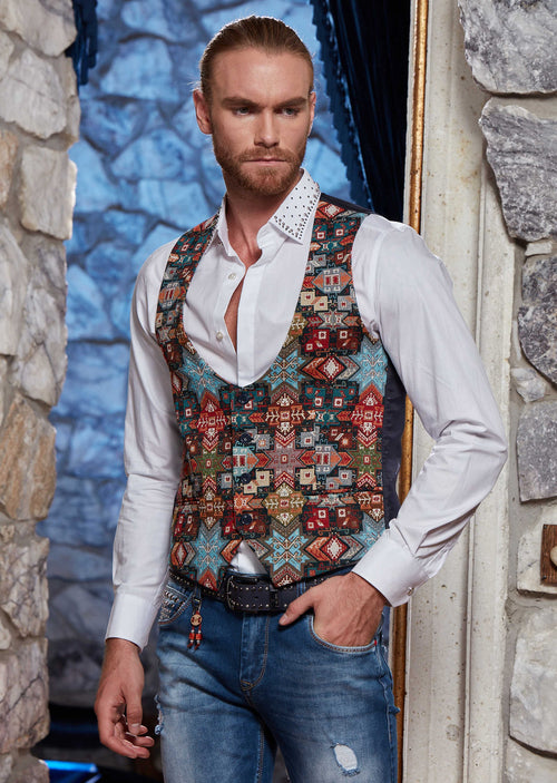 Multi-Color Weaved Oriental Print Vest