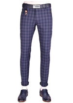 Blue Zipper Plaid Slim Fit Stretch Pants