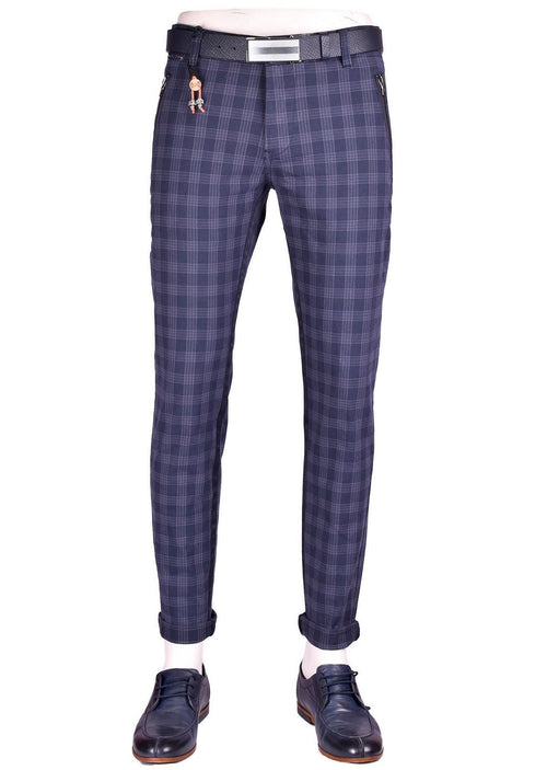 Blue Zipper Plaid Slim Fit Stretch Pants