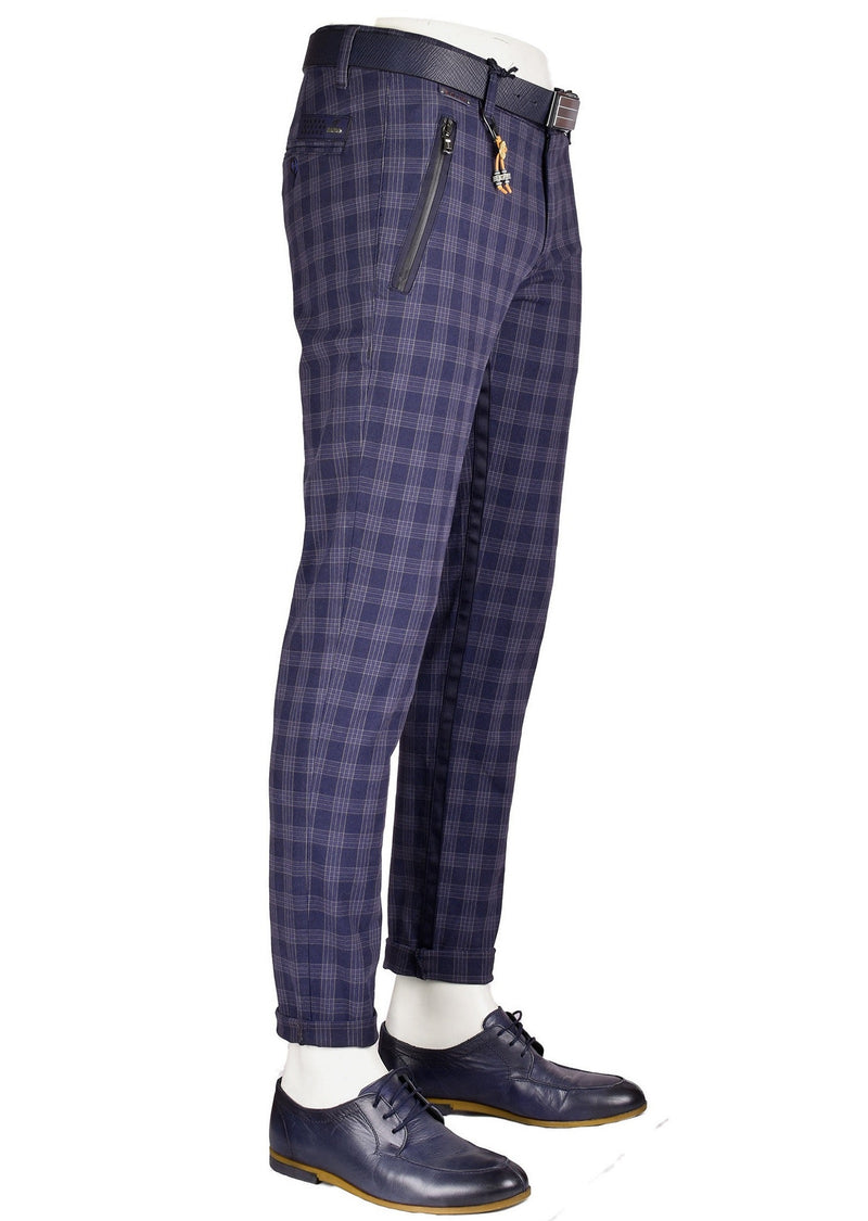 Blue Zipper Plaid Slim Fit Stretch Pants