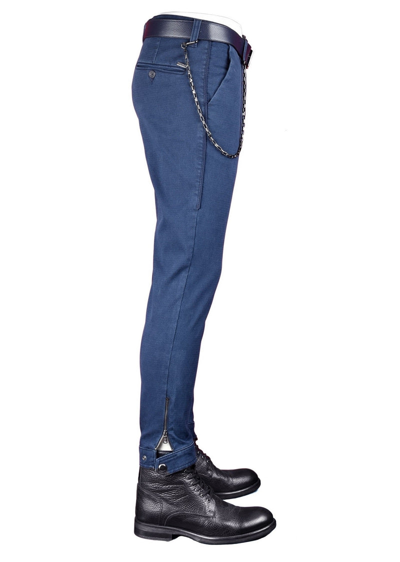 Blue Ankle-Zip Side Pocket Stretch Pants