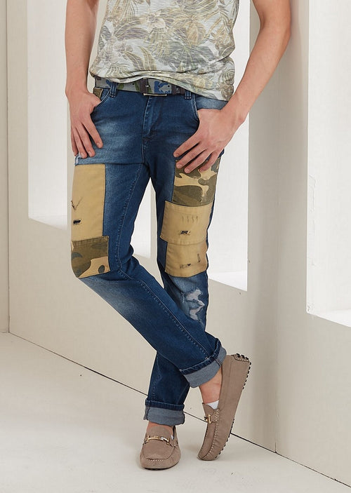 Blue Camouflage Patched Slim Fit Jeans