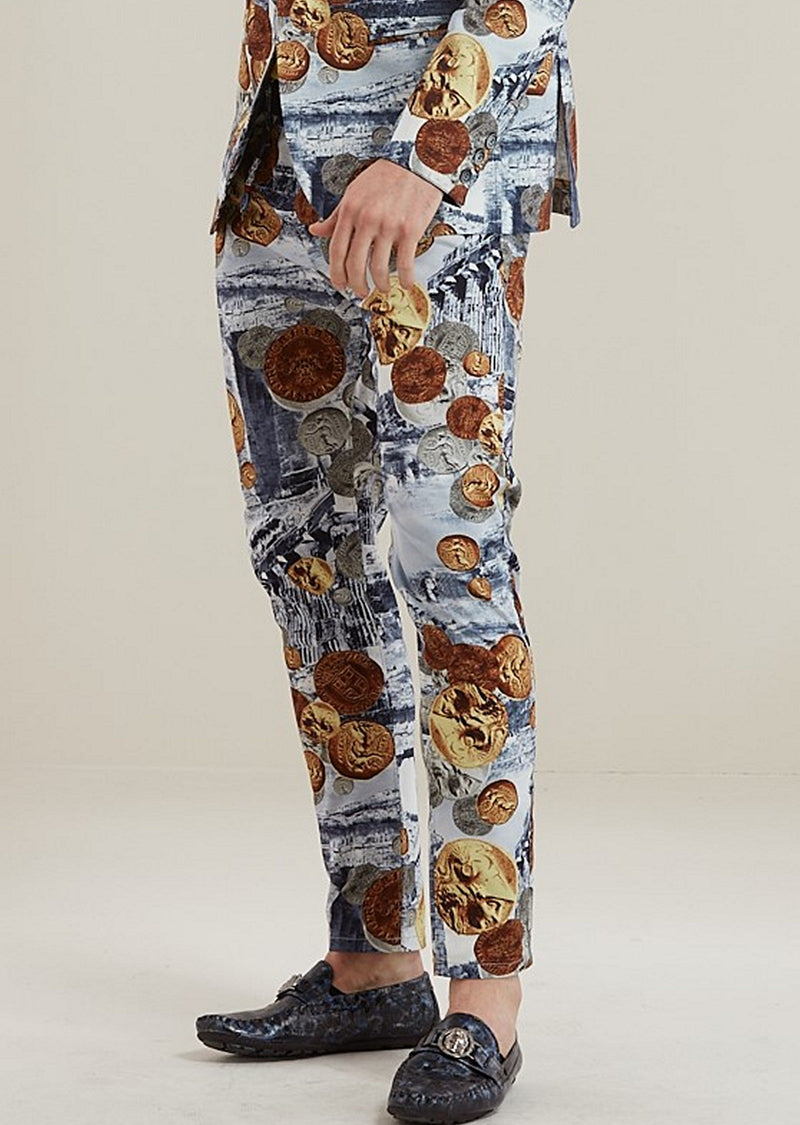 Blue Brown Coin Ancient Print Pants