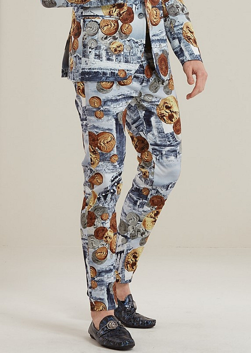 Blue Brown Coin Ancient Print Pants