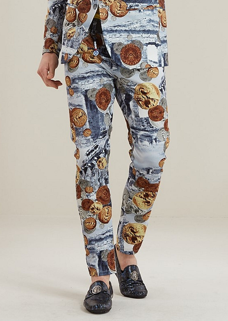 Blue Brown Coin Ancient Print Pants