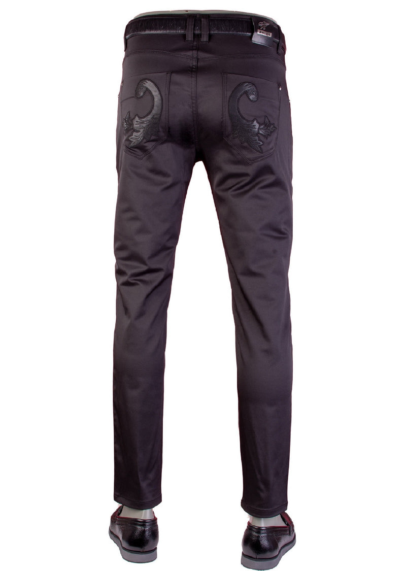 Black Laser Cut Leather Trim Pants