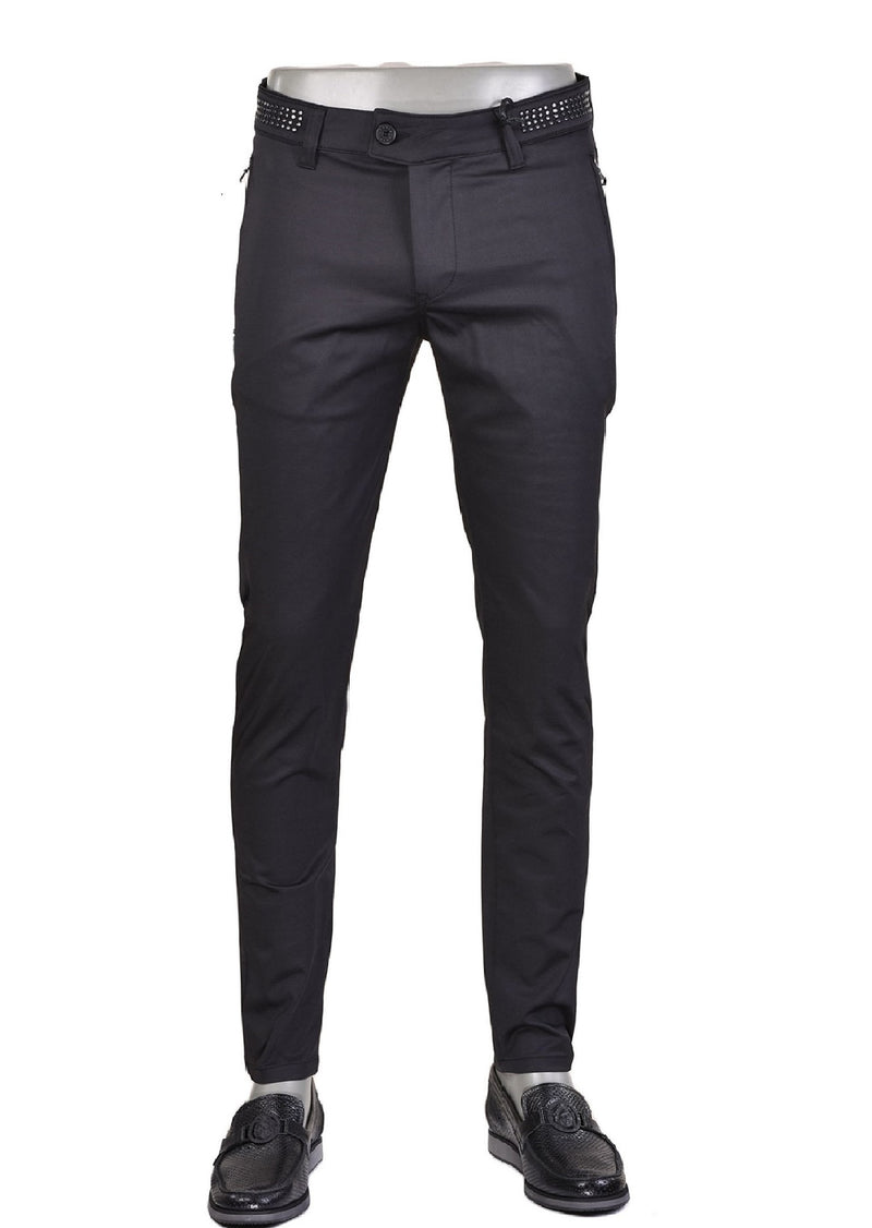 Black Studded Stretchy Zipper Pants
