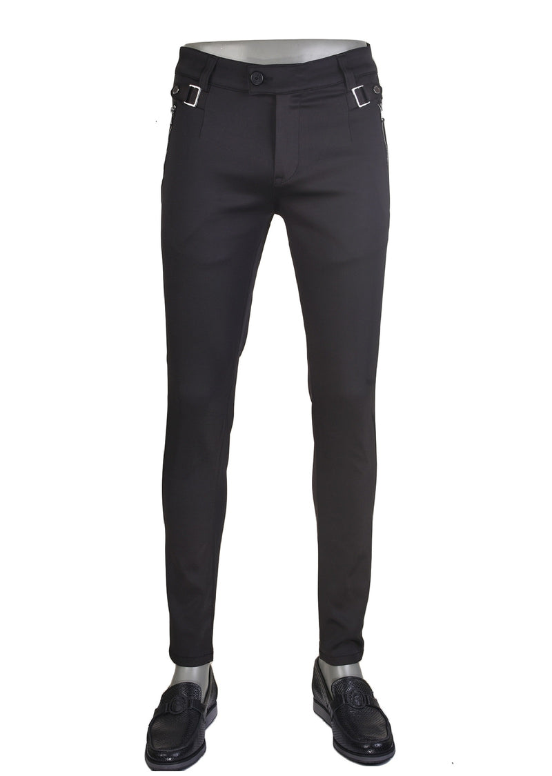 Black Silver Buckle Zipper Pants