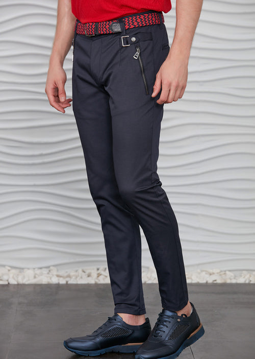 Navy Silver Buckle Zipper Pants