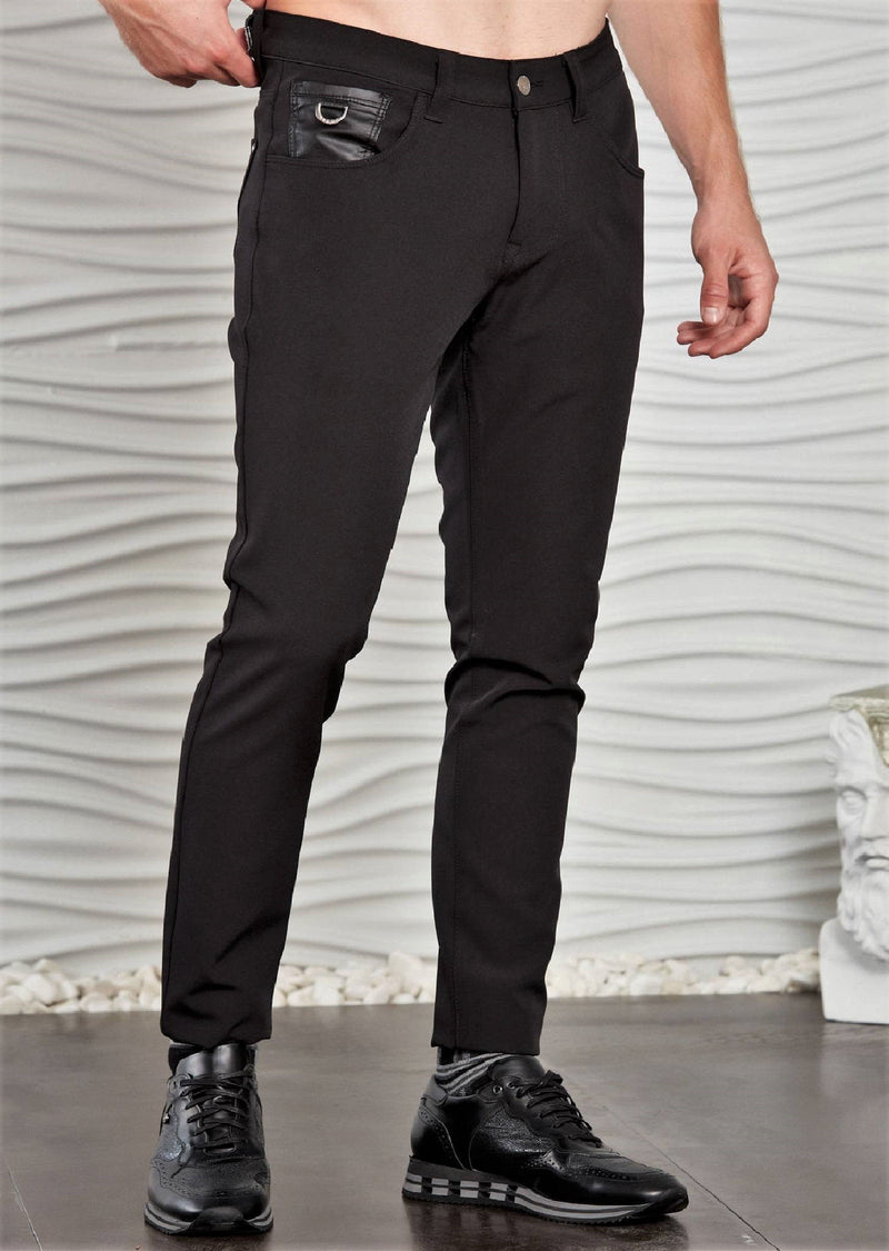 Black D-Buckle Leather Tech Pants