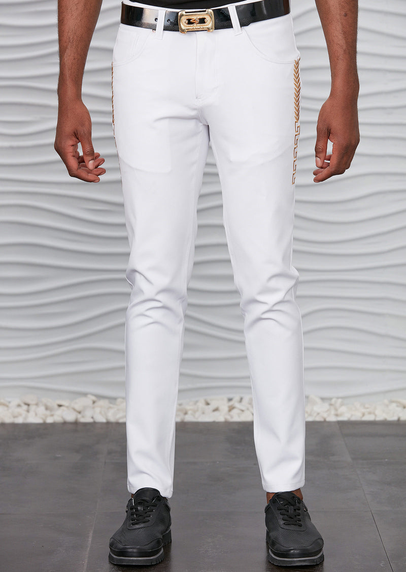 White Gold Meander Embroidered Pants