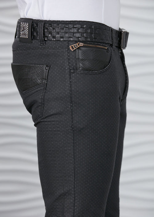 Black Emboss Waxed Zipper Pants