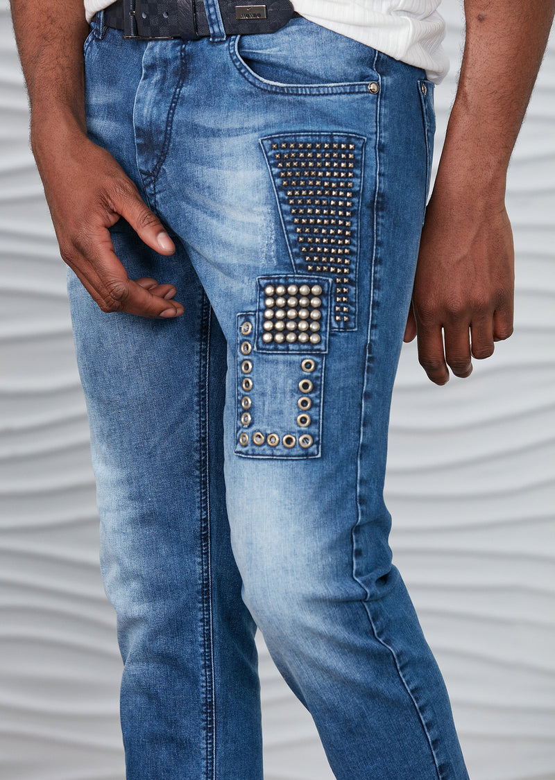 Blue Washed Studded Luxe Jeans