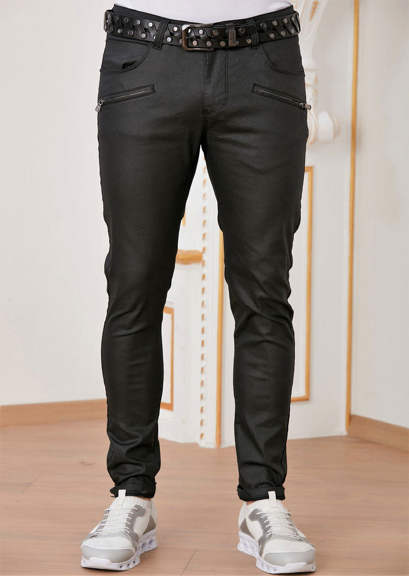 Black Double Zipper Waxed Pants
