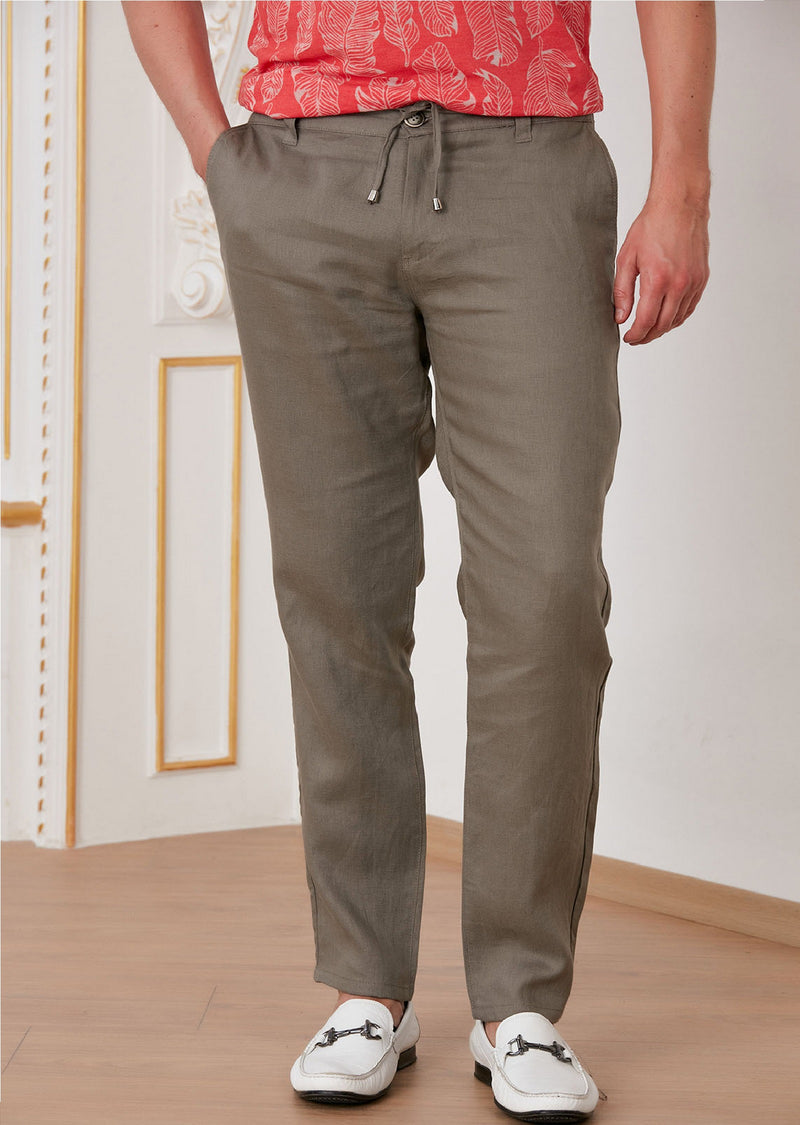 Brown Linen Elastic Waistband Pants