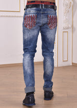 Blue Red Aztec Embroidery Jeans