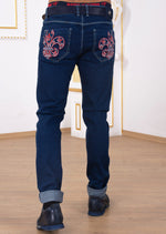 Blue Red Fleur de Lis Embroidery Jeans