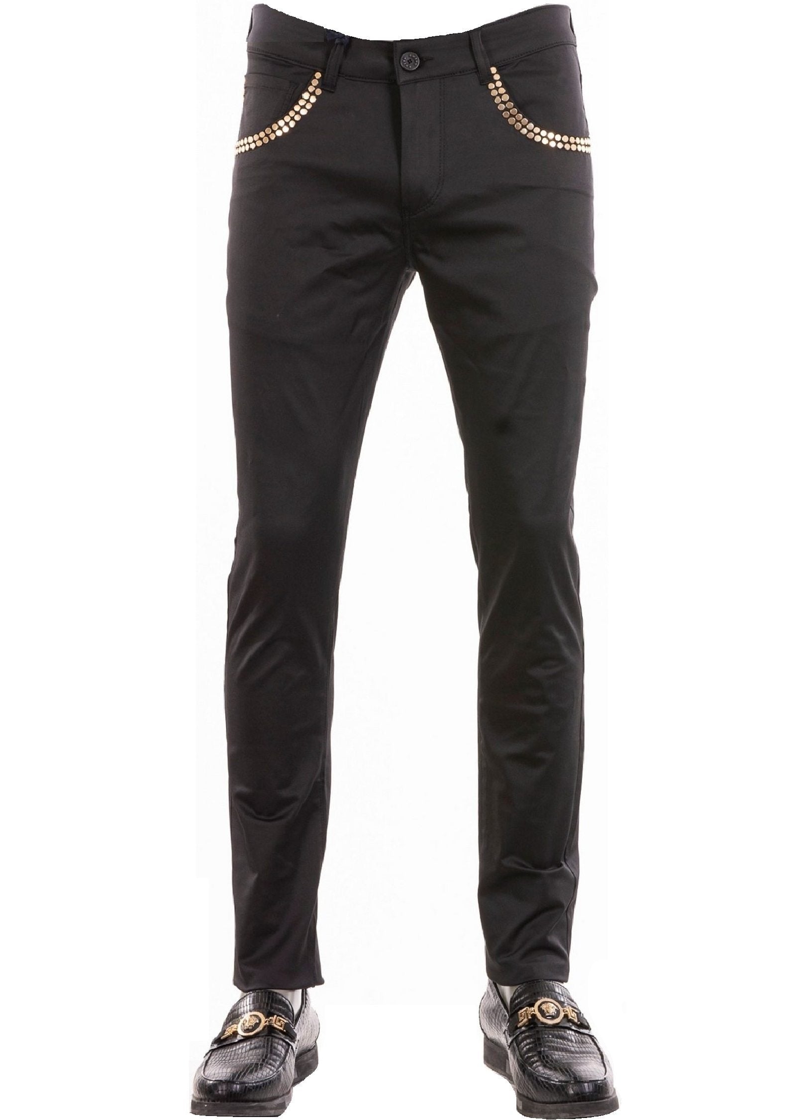 【COLOR iN ID】Bohemian Studded Black Pants Mens PU Leather Cone Studded Pants Punk Rock Trousers Stage