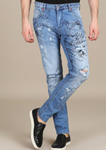 Light Blue Paint Lettering Slim Fit Jeans