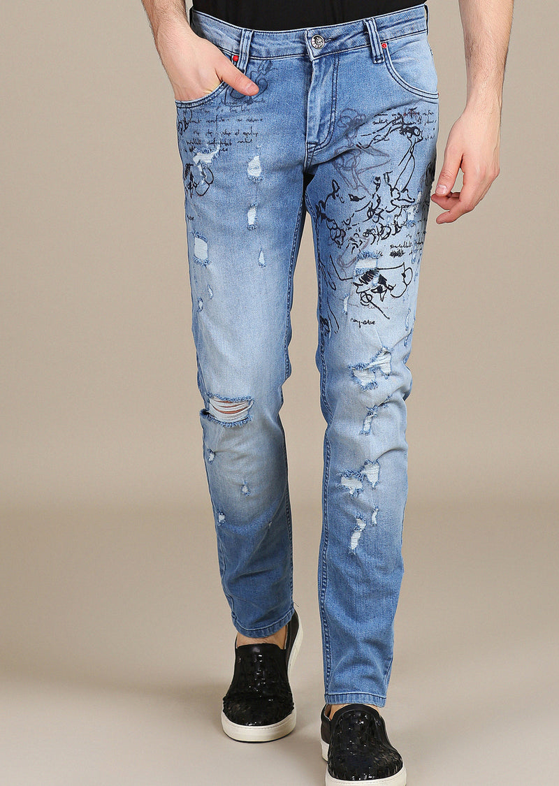 Light Blue Paint Lettering Slim Fit Jeans