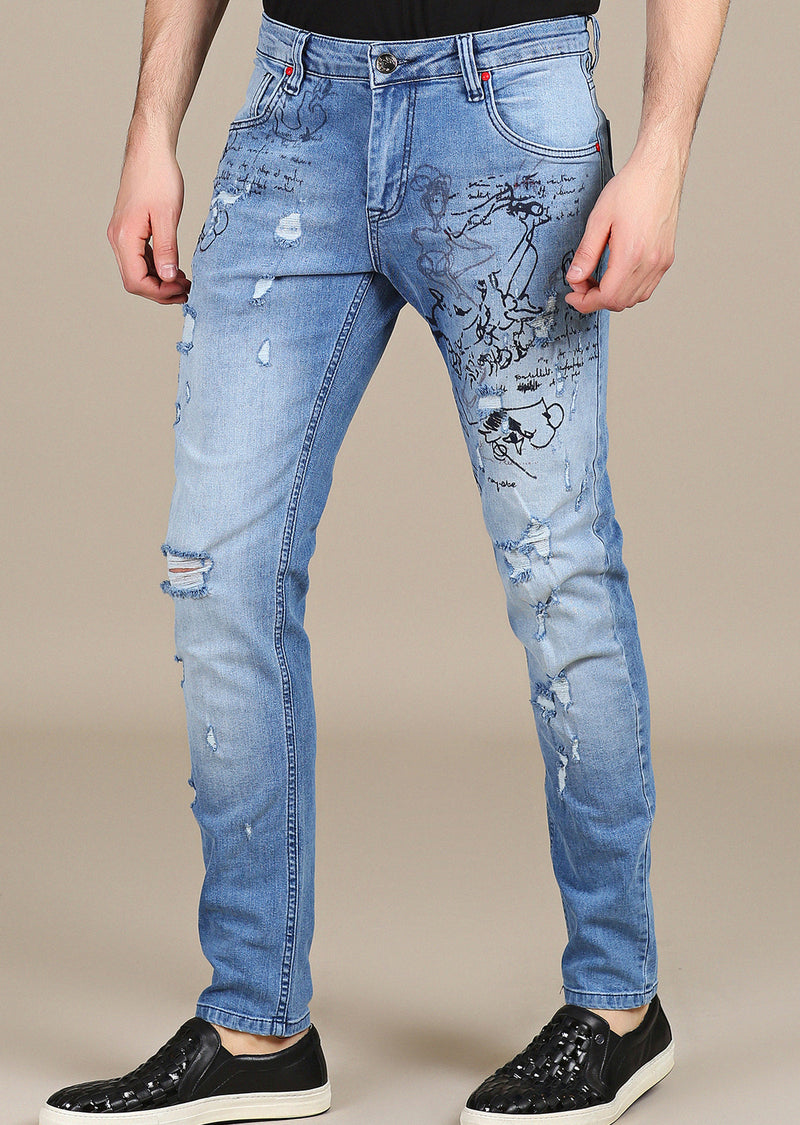 Light Blue Paint Lettering Slim Fit Jeans