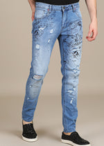 Light Blue Paint Lettering Slim Fit Jeans