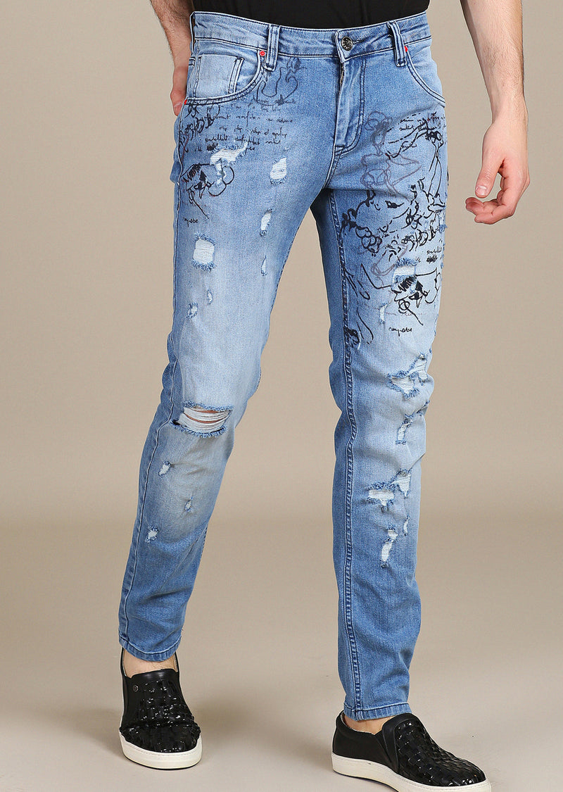 Light Blue Paint Lettering Slim Fit Jeans MONDO Menswear
