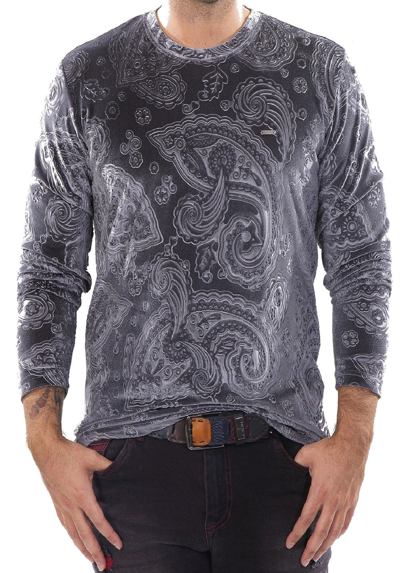 Gray Paisley Embossed Velour Sweater