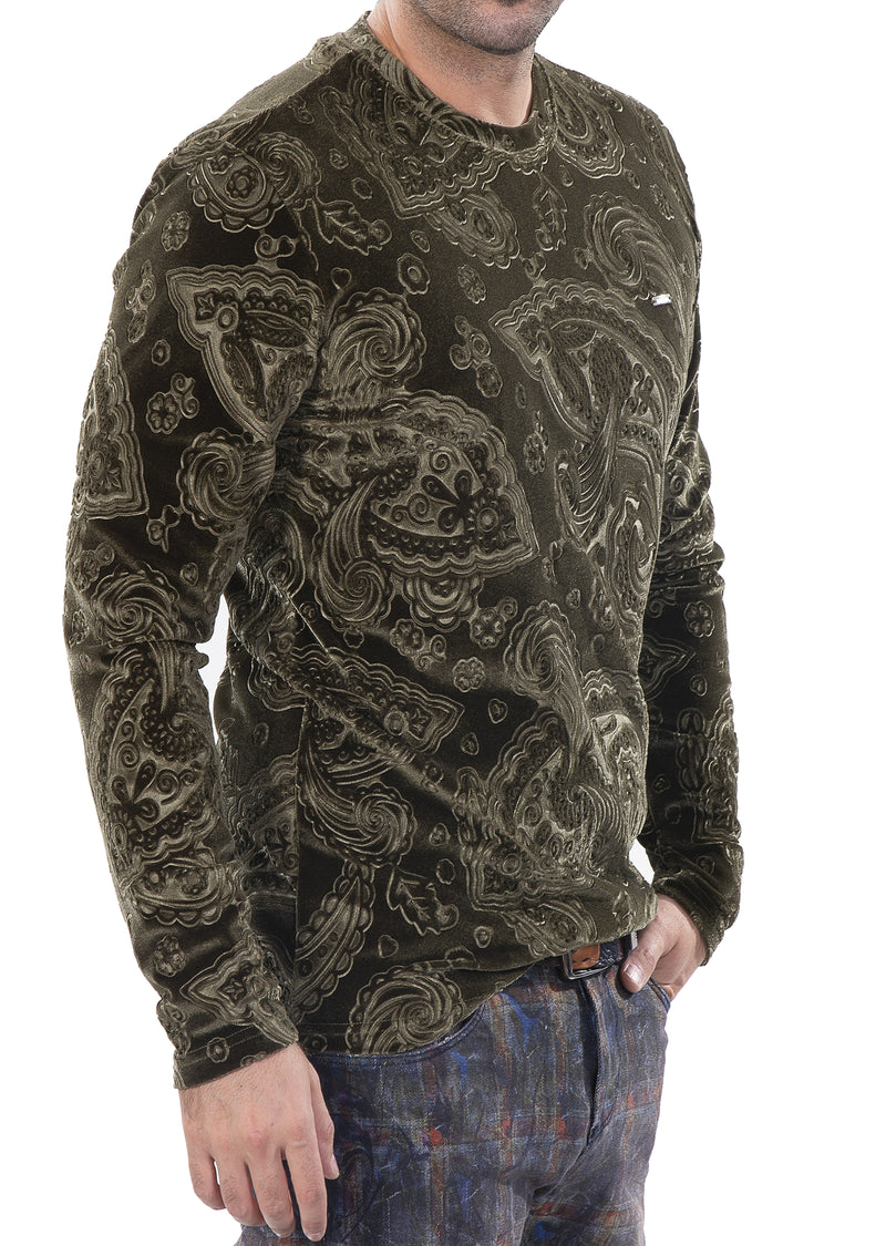 Green Paisley Embossed Velour Sweater