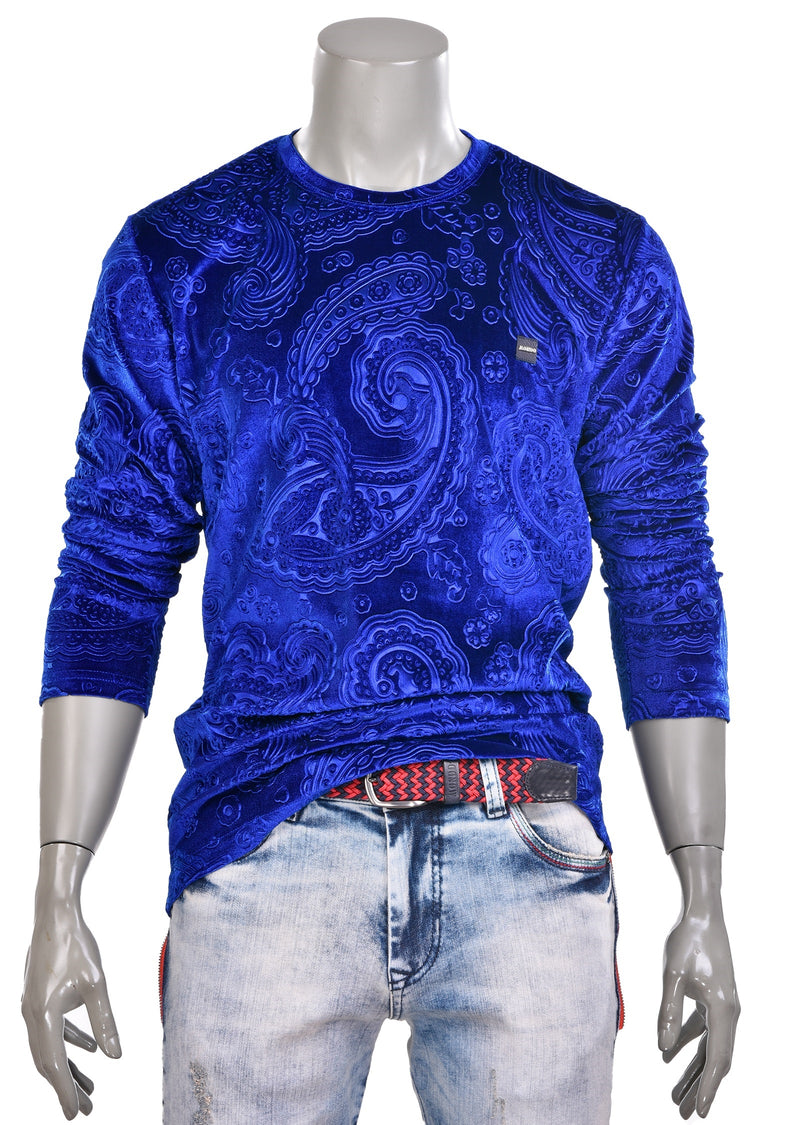 Royal Blue Paisley Embossed Velour Sweater