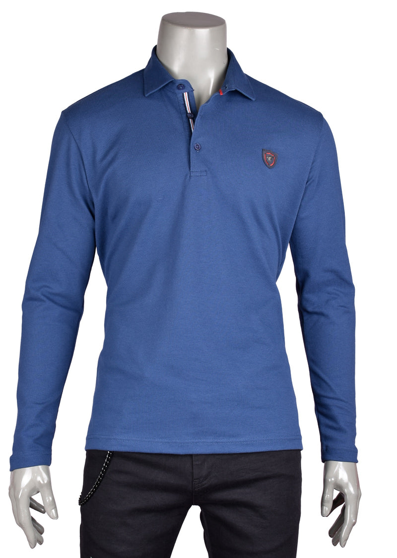 Blue Long Sleeve Polo in Fine Pique