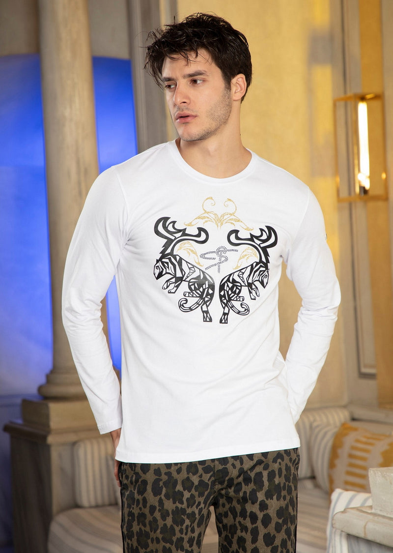 White Gold Tiger Rhinestone Long Sleeve Tee