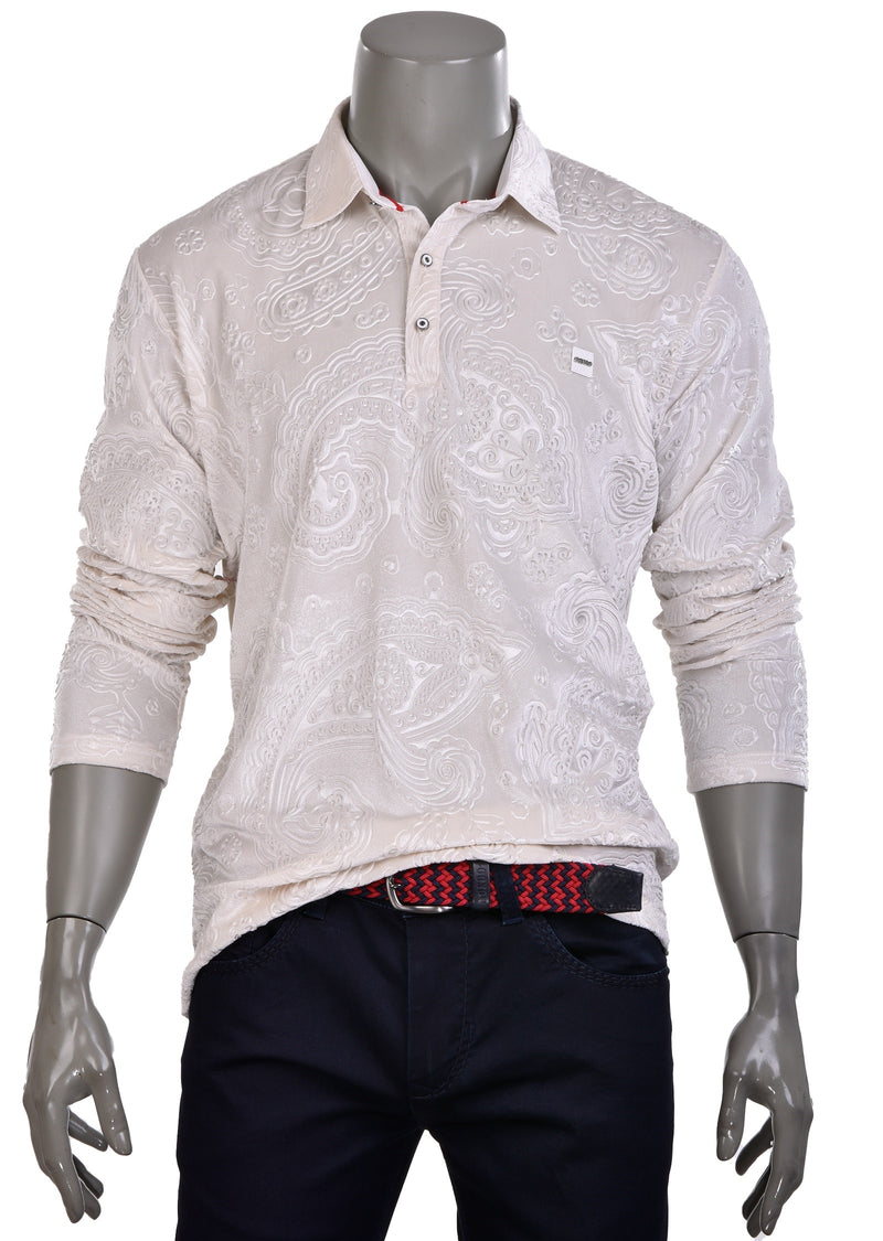 Beige Paisley Embossed Velour Polo