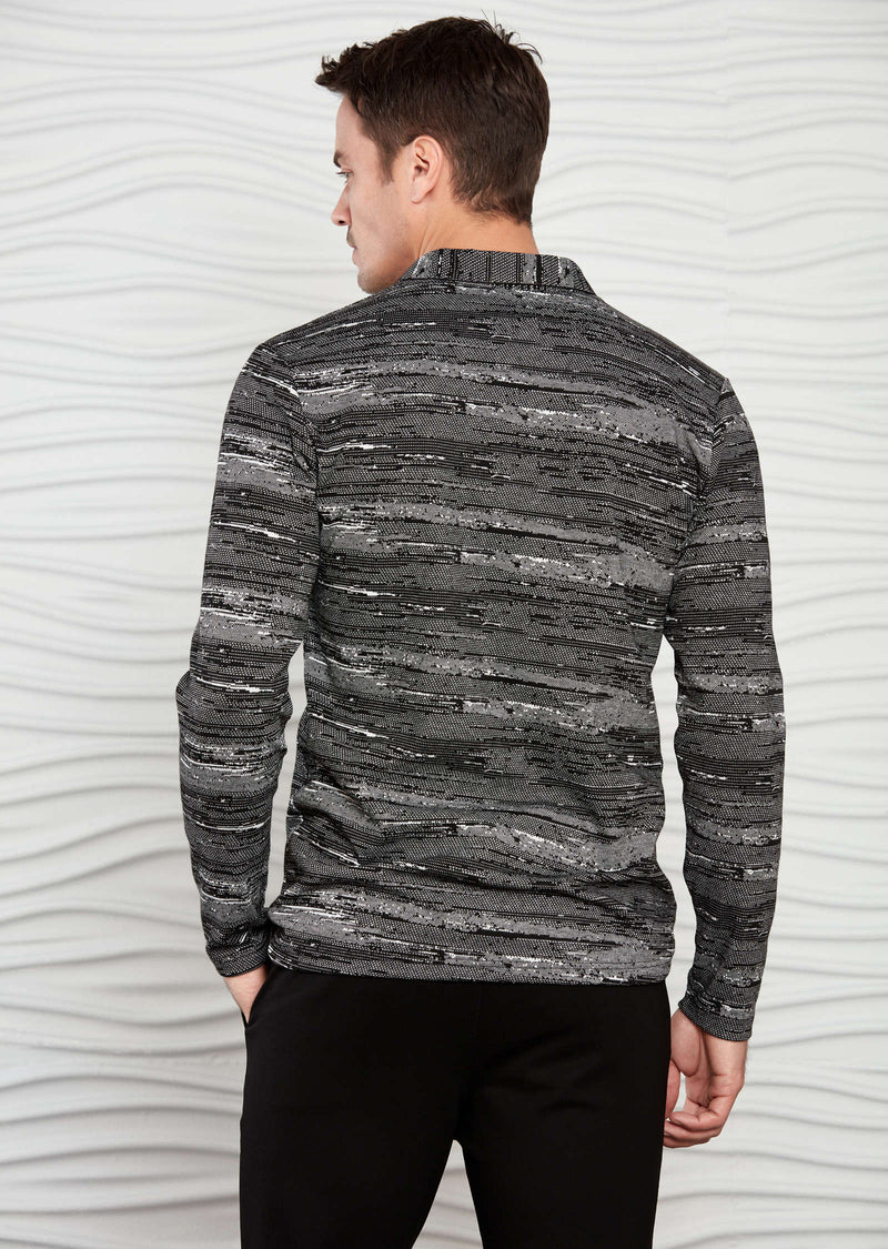 Gray Marled Knit Long Sleeve Polo