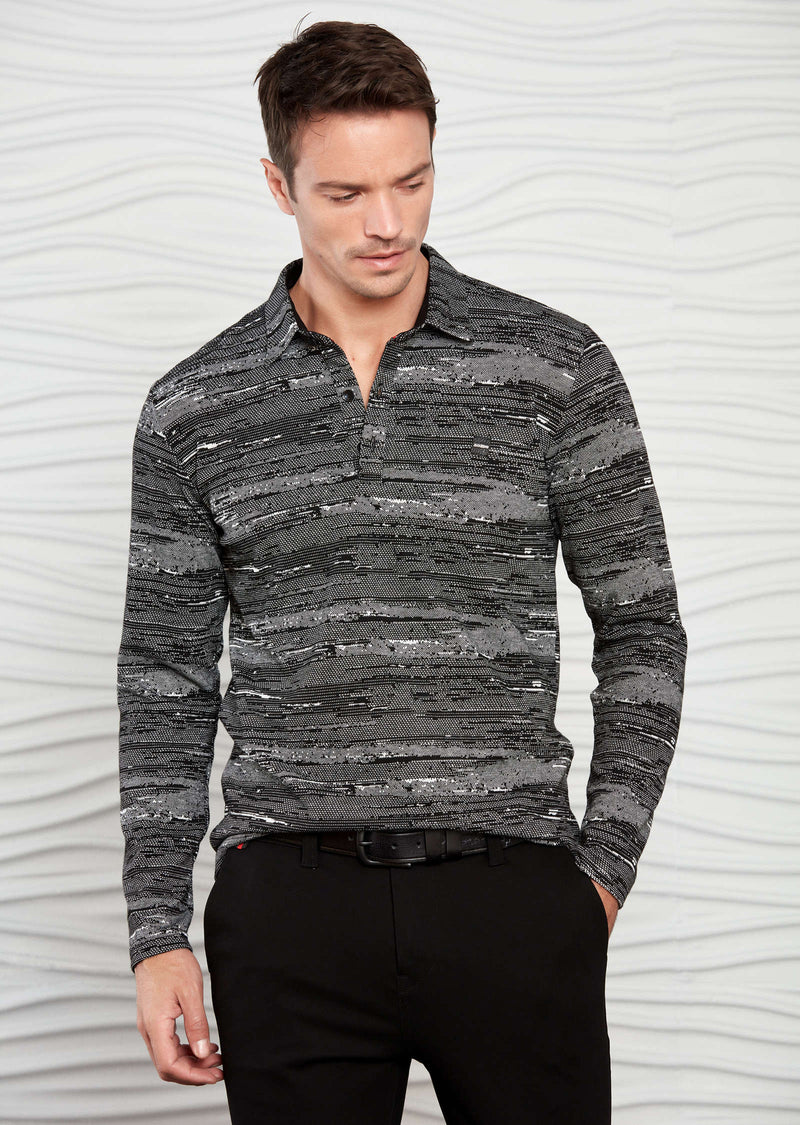 Gray Marled Knit Long Sleeve Polo