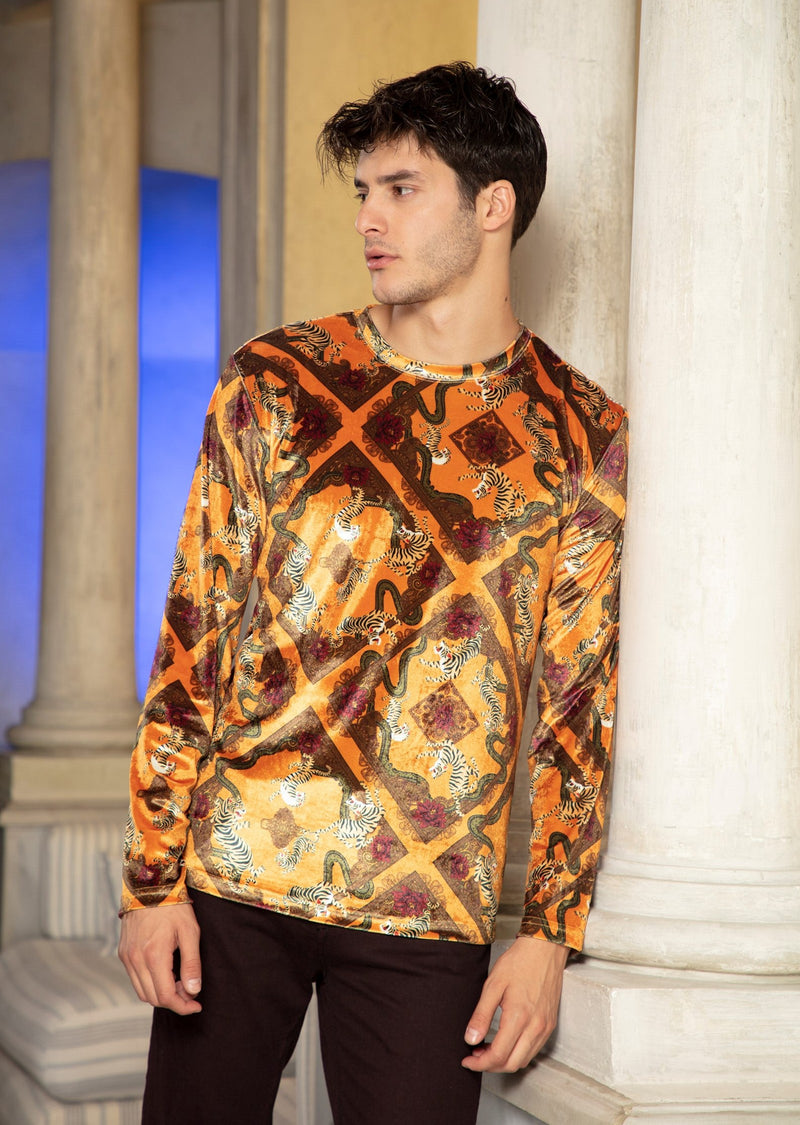 Orange Tiger Print Velour Sweater