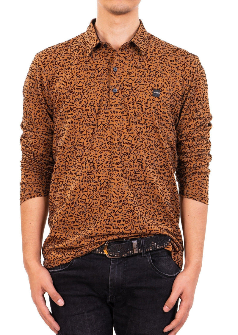 Brown "Words" Flocked Print Polo