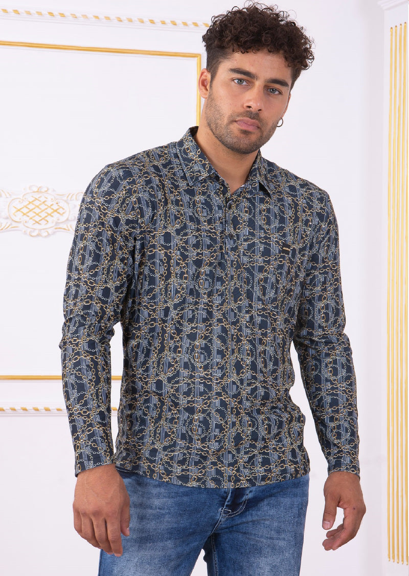 Navy Gold Chain Long Sleeve Polo