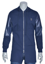 Navy Long Leather Trim Zipper Jacket