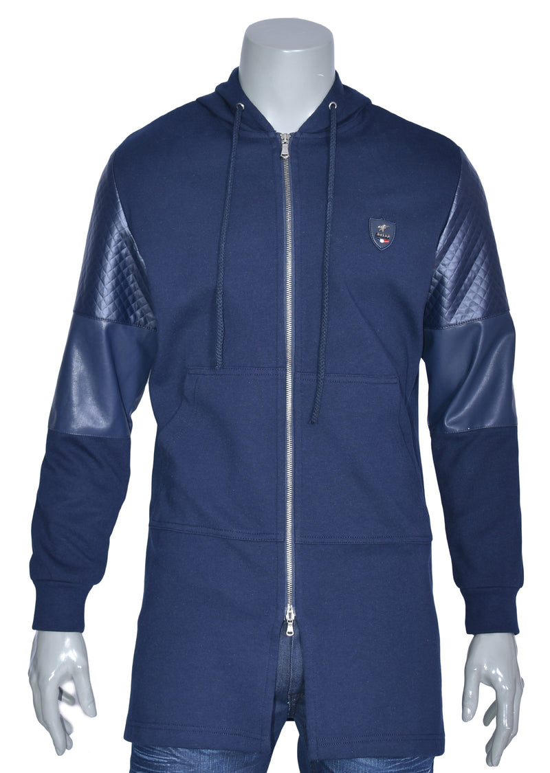 Navy Long Leather Trim Zipper Jacket